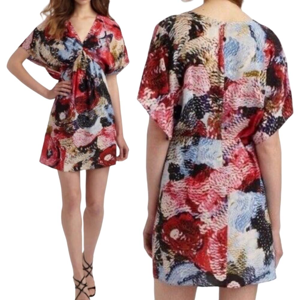 Anthropologie Leifsdottir Silk Mini Dress Abstract Print Dolman Sleeve V Neck 0
